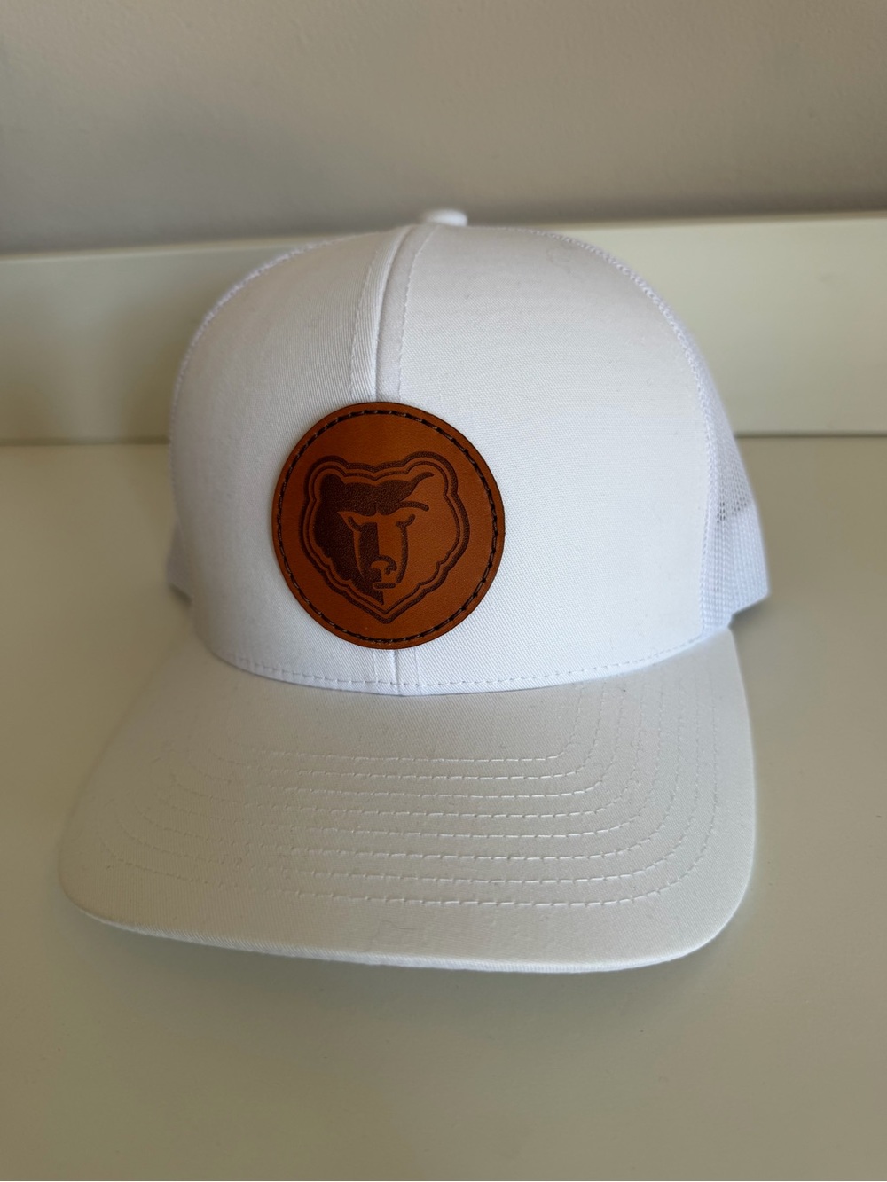 White Trucker Hat with Brown Leather Bear Patch‎ pacific headwear